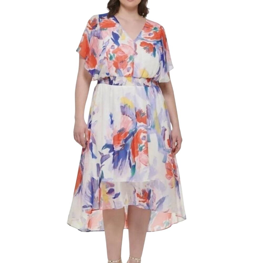 DKNY Chiffon Mid-Calf Midi Floral Flowy Boho Dress Size 18W